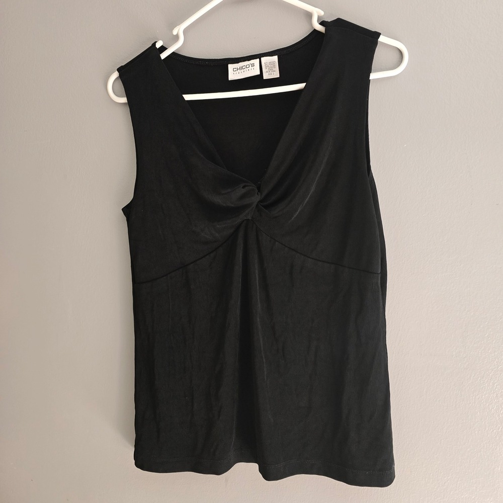 Chicos Travelers Black Twist Front Acetate Sleeveless Tank Top Size 2 L‎ Large